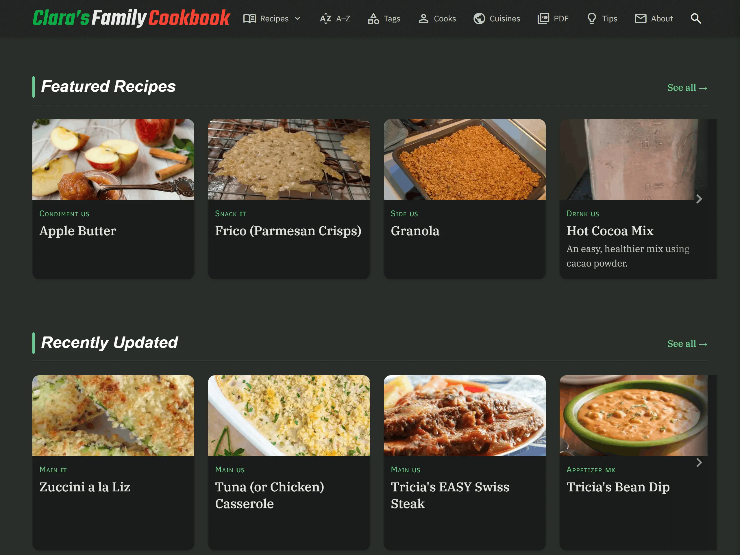 Clara's Family Cookbook website homepage