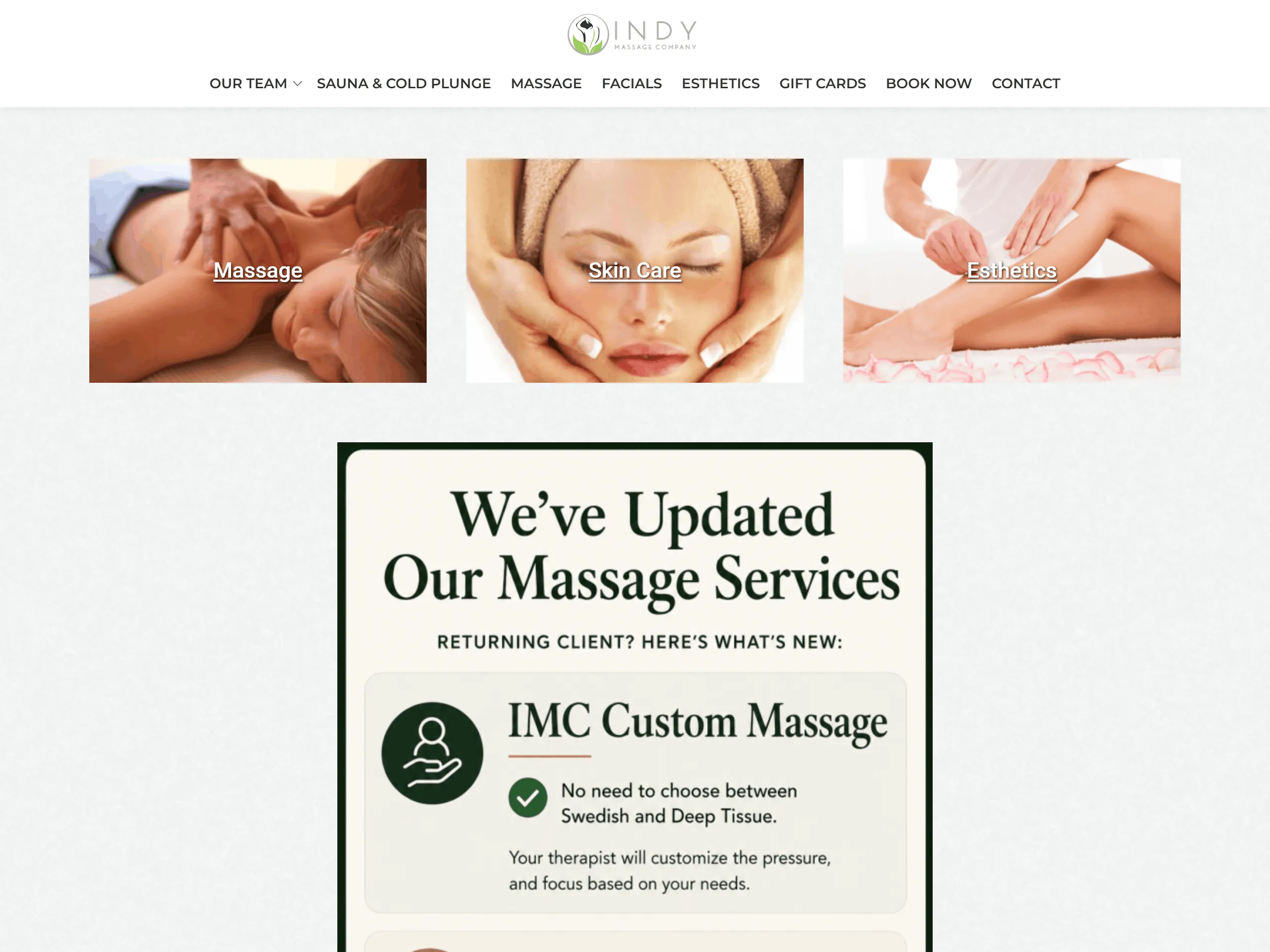 Indy Massage Company website homepage